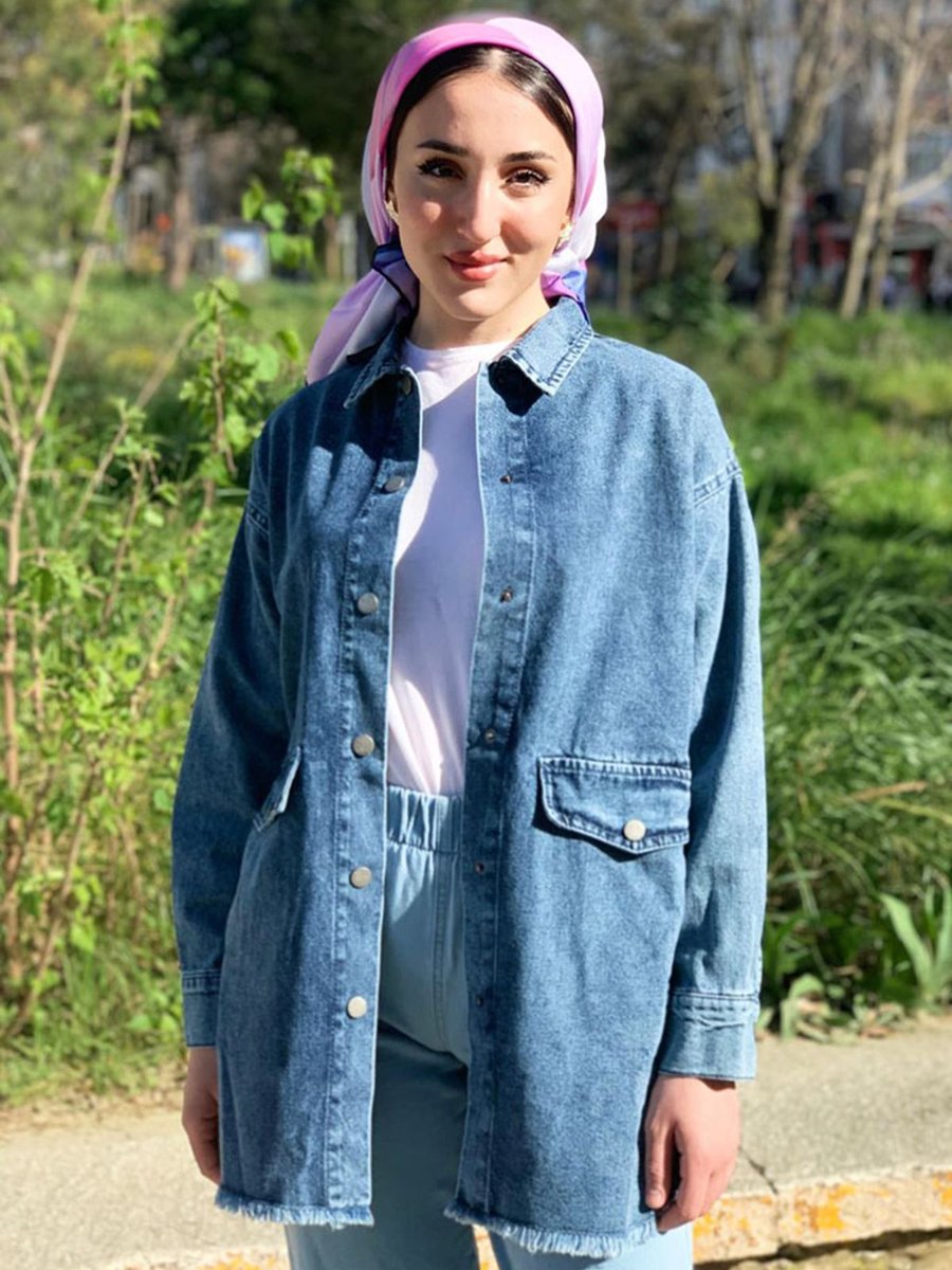 Moda Rosa Koyu Mavi Püsküllü Kot Ceket