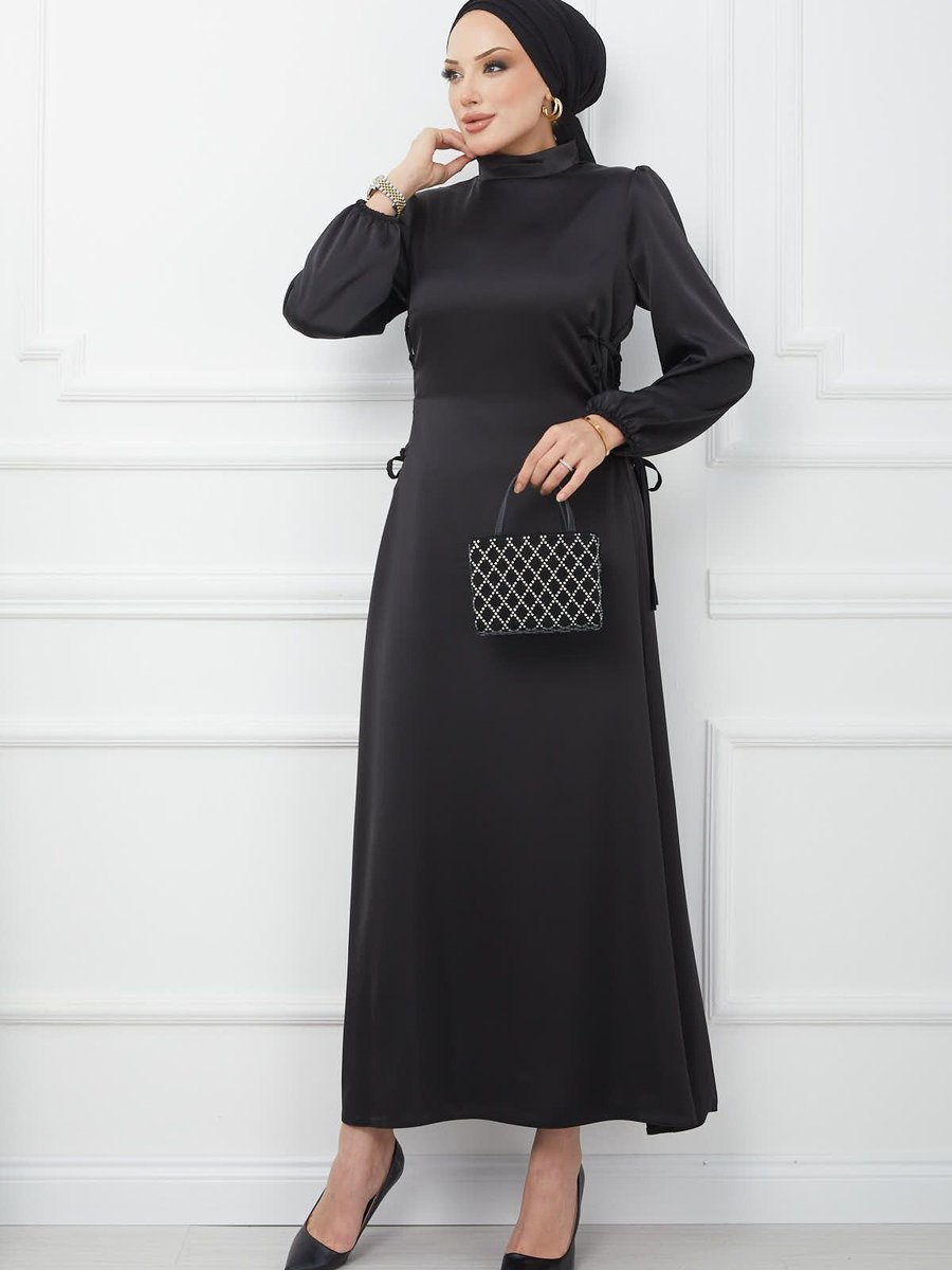 İmajbutik Siyah Yan Detaylı Saten Abiye Elbise