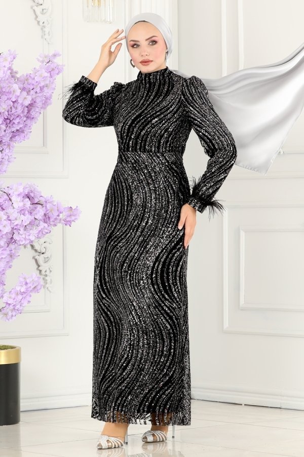 Moda Selvim Siyah & Gümüş Otriş Detaylı Kalem Abiye Elbise