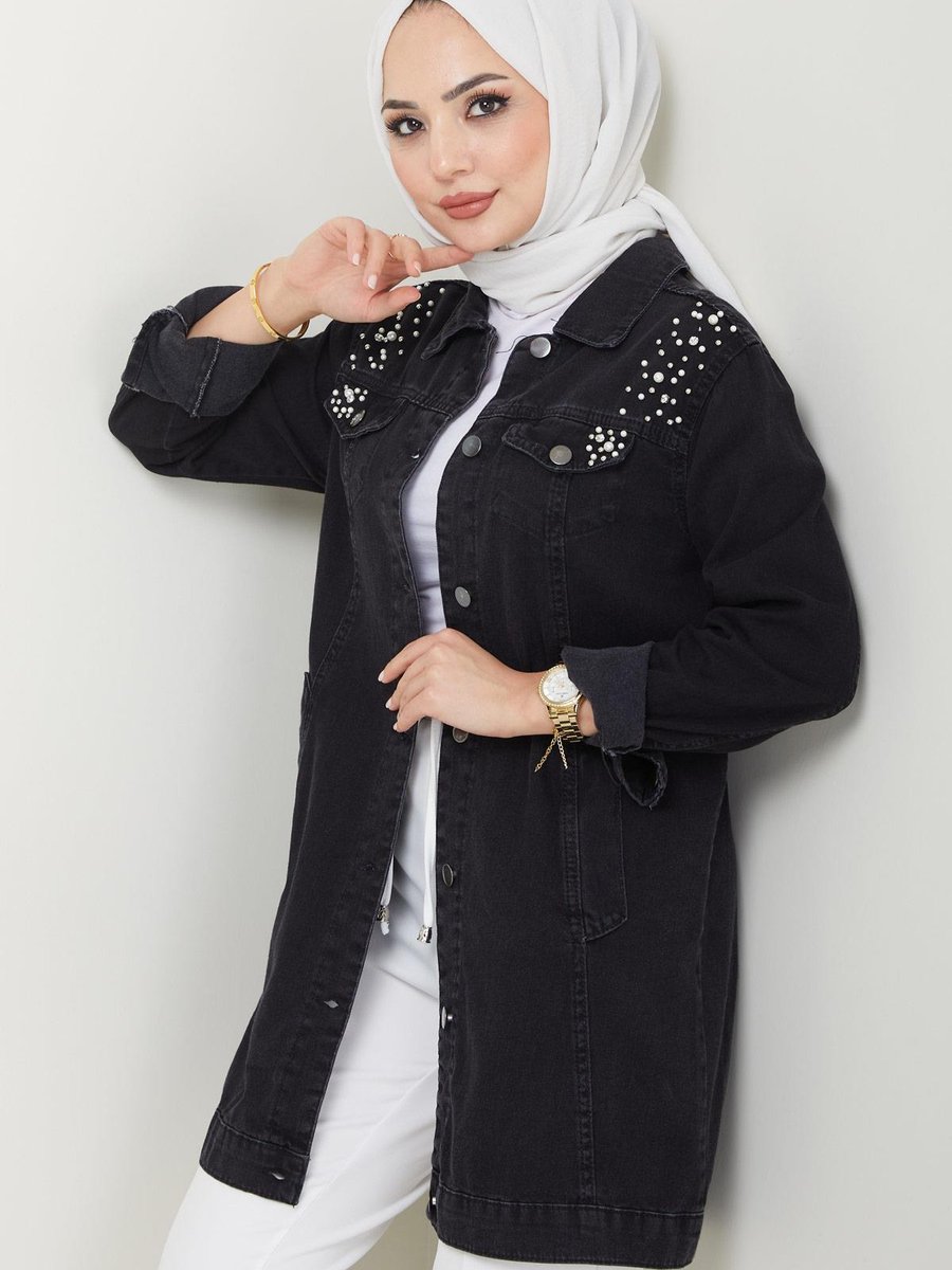 Hafsamina İncili Kot Ceket Siyah