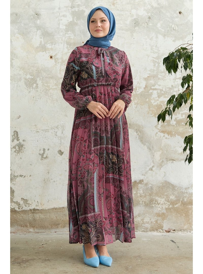 InStyle Viera Şal Desenli Yakası Kuşaklı Gül Kurusu Şifon Elbise
