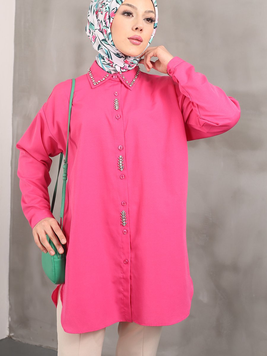 İmajbutik Fuşya Yaka Ön Taşlı Tunik