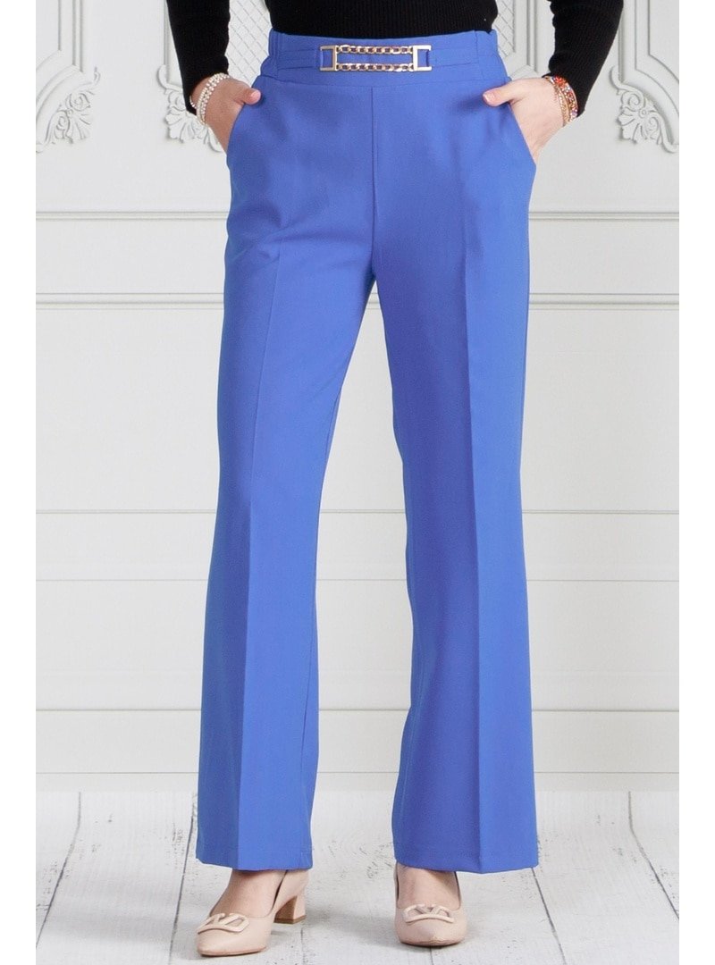 Sevitli Mavi Beli Zincir Detaylı Bol Paça Pantolon