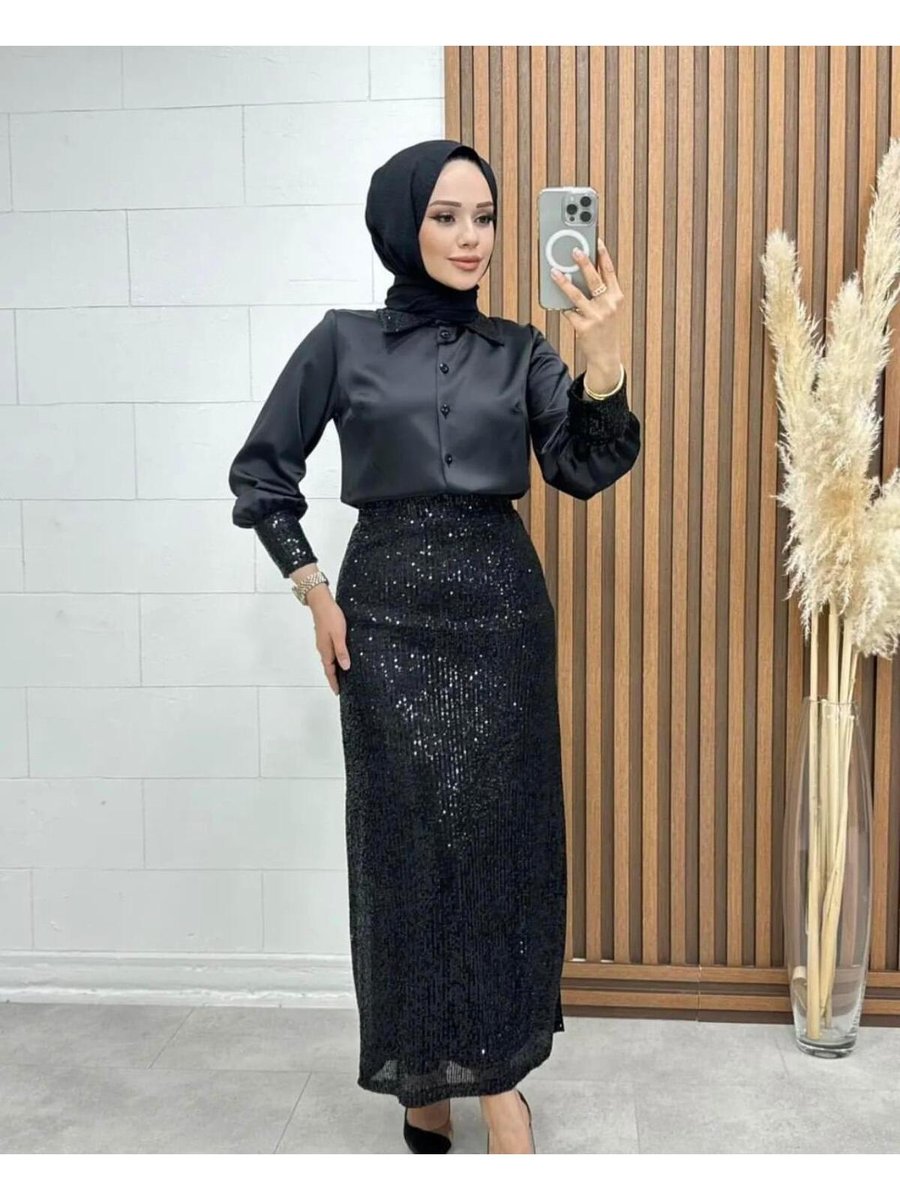 Moda Asrın Pul Payet Etekli Siyah Abiye Elbise Takım