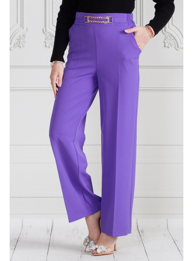 Sevitli Mor Beli Zincir Detaylı Bol Paça Pantolon