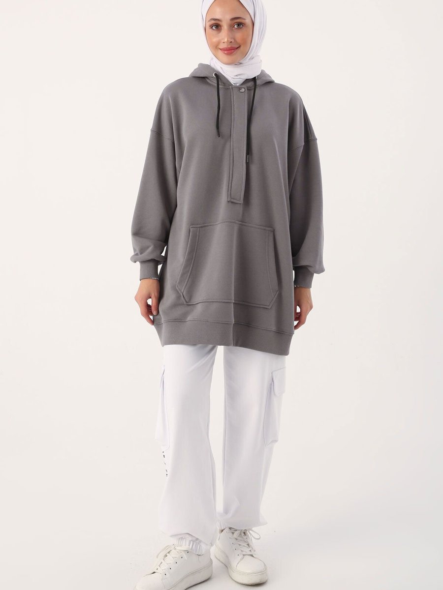 Allday Gri Oversize Kapüşonlu Kanguru Cepli Sweat Tunik