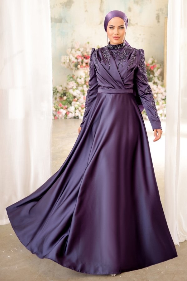 Moda Selvim Lila Drapeli Taşlı Saten Abiye Elbise