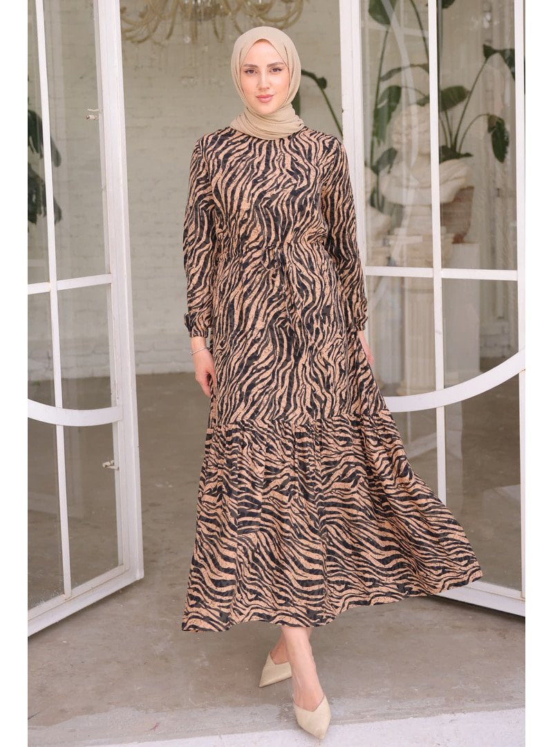 İmaj Butik Siyah Büzgülü Eteği Katlı Kol Lastikli Zebra Viscon Elbise