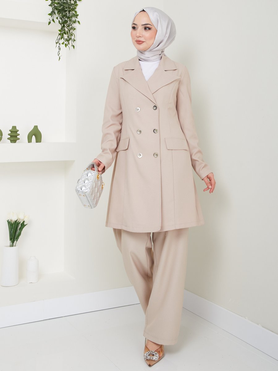 Ayşe Melek Tasarım Blazer Ceket Pantolonlu Takım Vizon