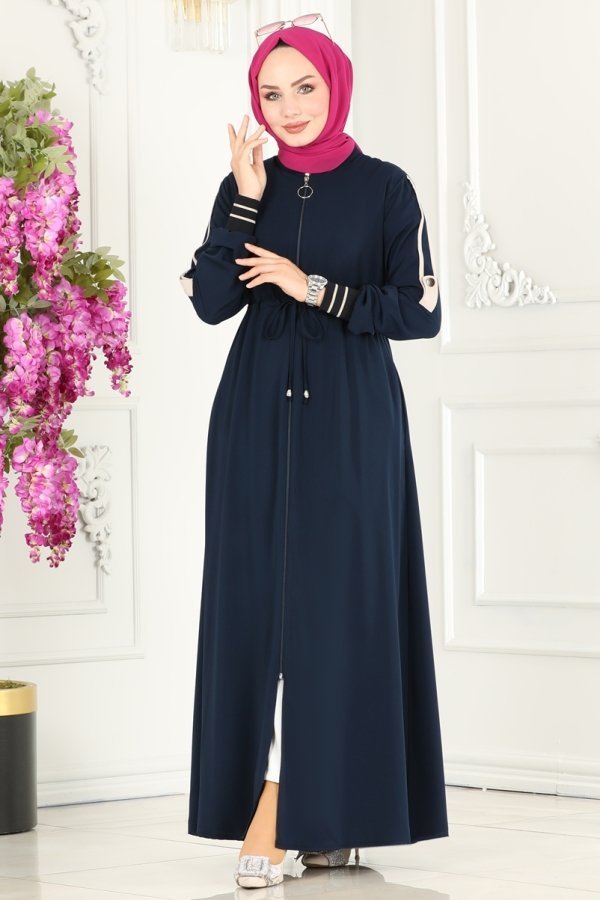 Moda Selvim Lacivert Beli Tünelli Medine İpeği Ferace