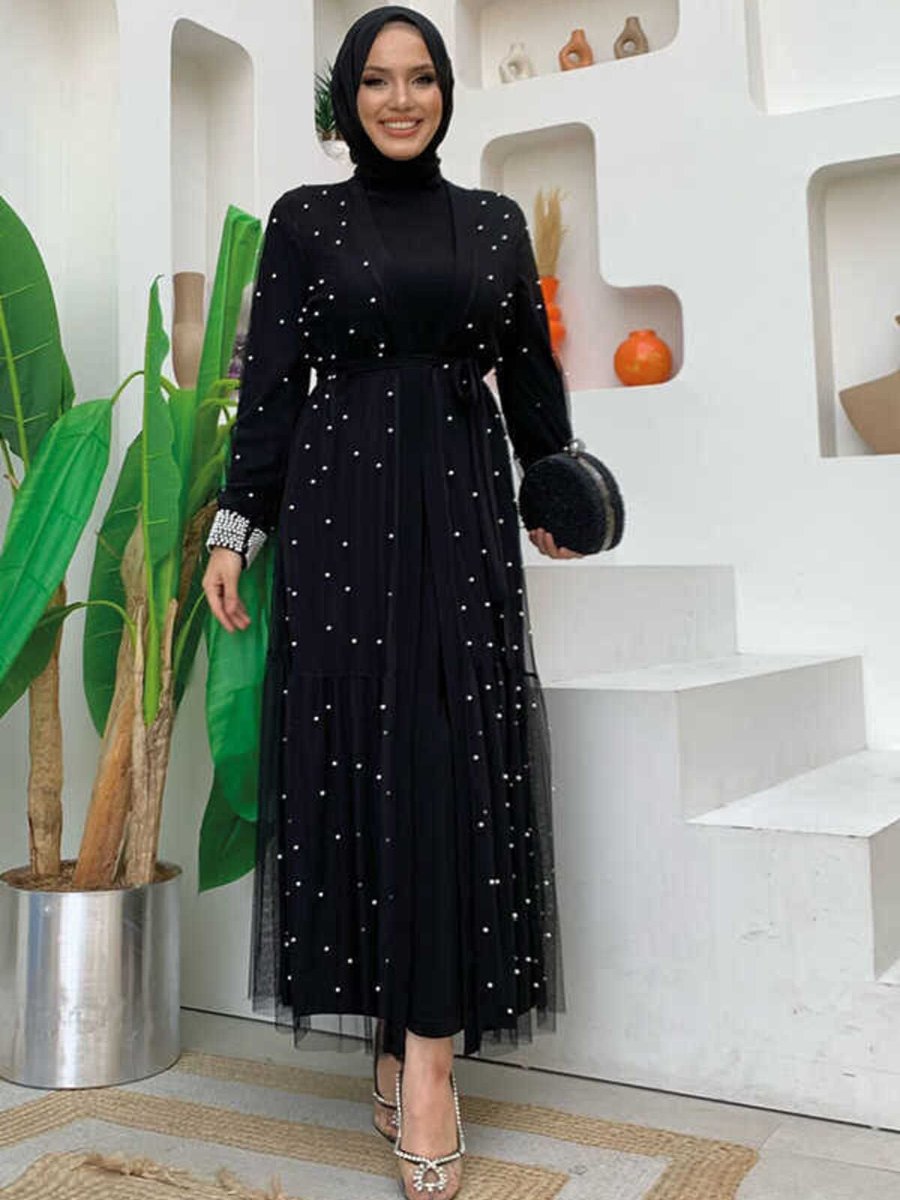 Bym Fashion İncili Abaya Ve Elbise Takım Siyah