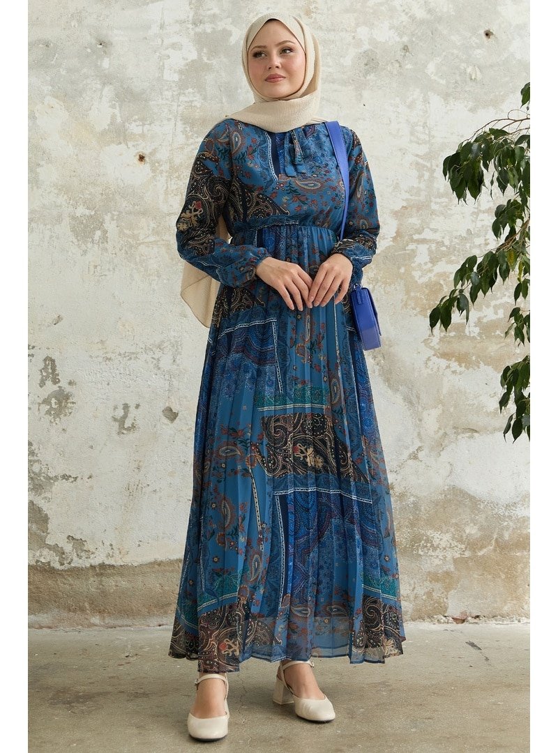 InStyle Viera Şal Desenli Yakası Kuşaklı Mavi Şifon Elbise