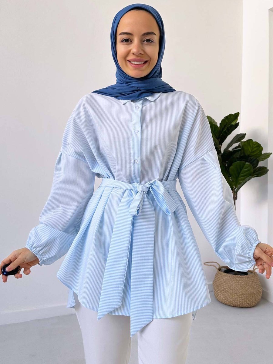 Ka Hijab Balon Kol Çizgili Gömlek Mavi
