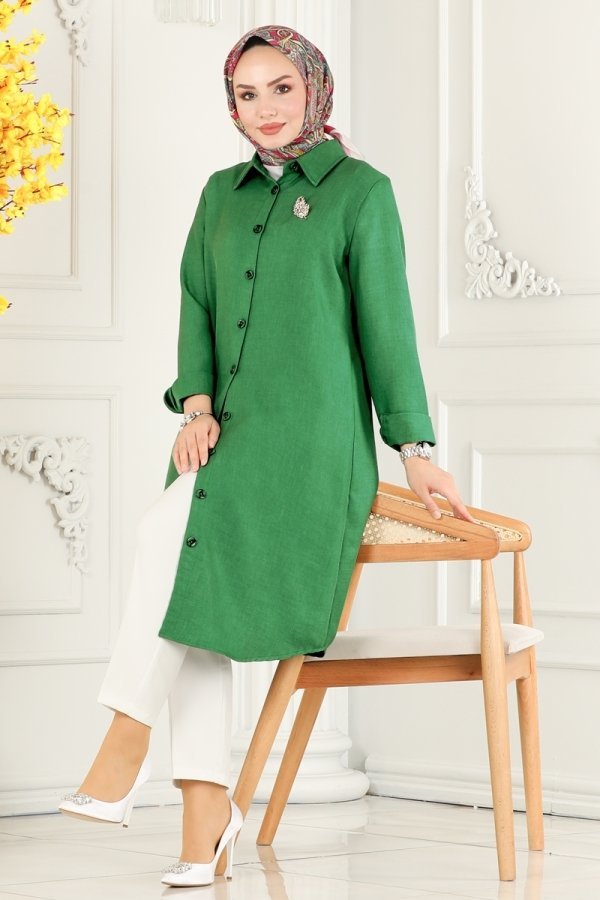 Moda Selvim Yeşil Düğmeli Basic Tunik