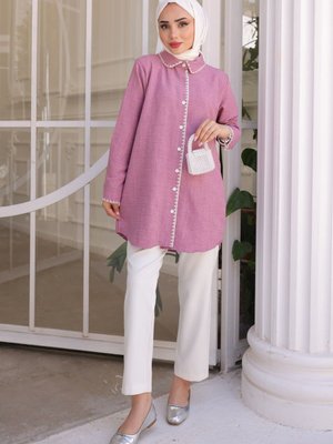 İmajbutik Gül Kurusu Ön Yaka Detaylı Keten Gömlek