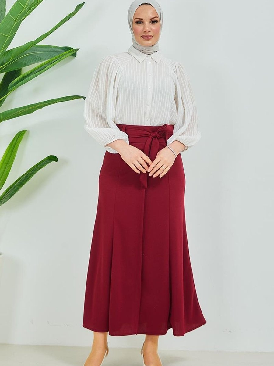 Burcu Tesettür Kuşak Detaylı Etek Brc15m01 Bordo