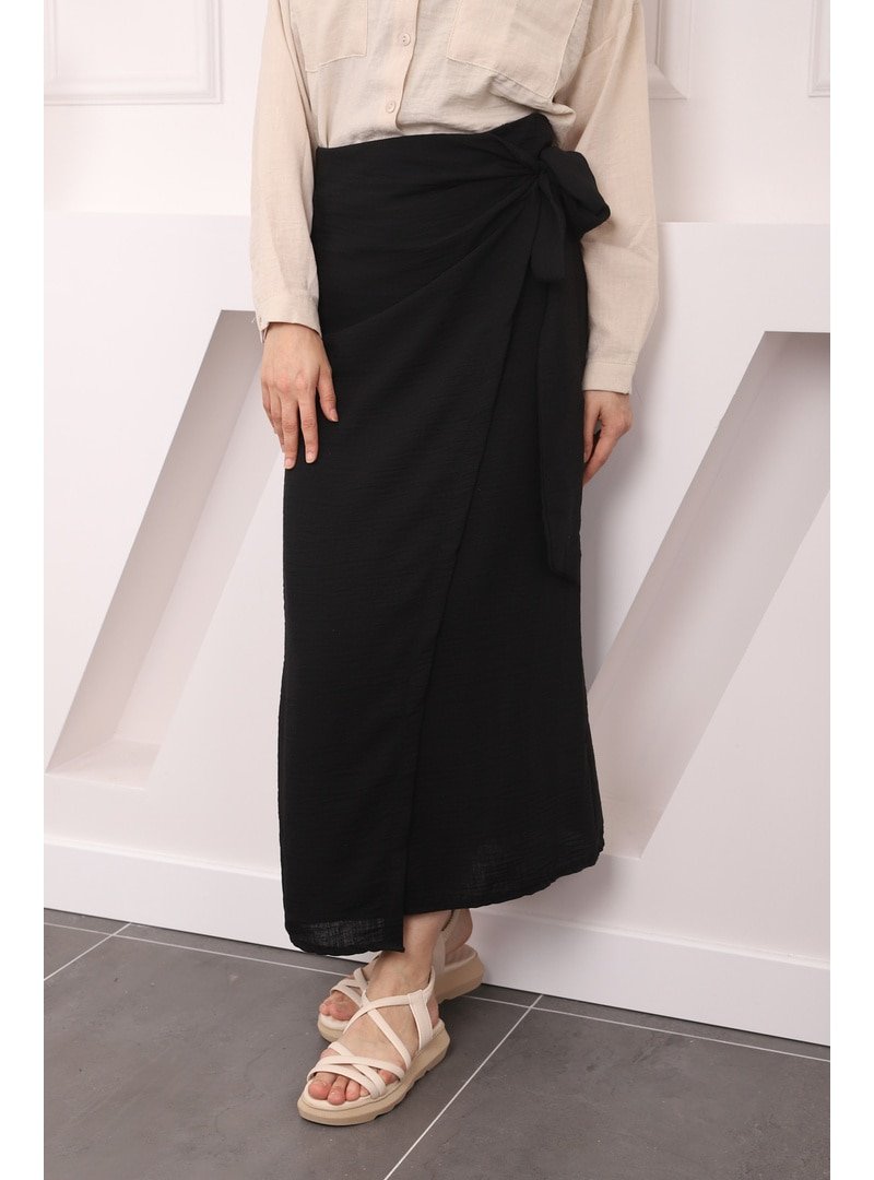 İmaj Butik Siyah Yan Bağlamalı Keten Etek