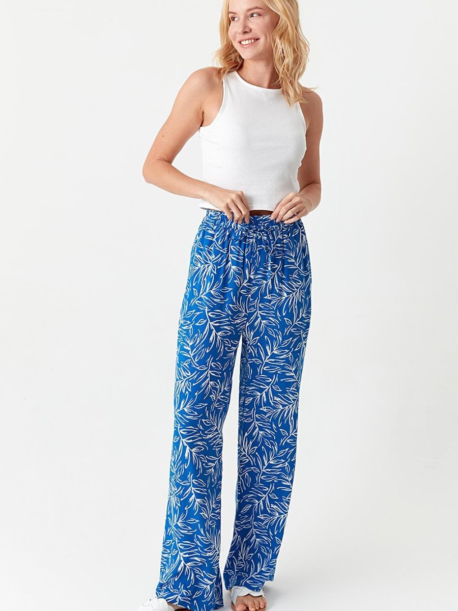 Select Moda Mavi Beli Lastikli Desenli Viskon Pantolon