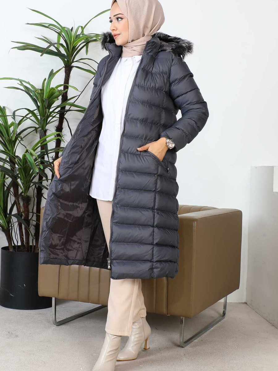 İmajbutik Füme Kapüşonlu Fermuarlı Şişme Mont