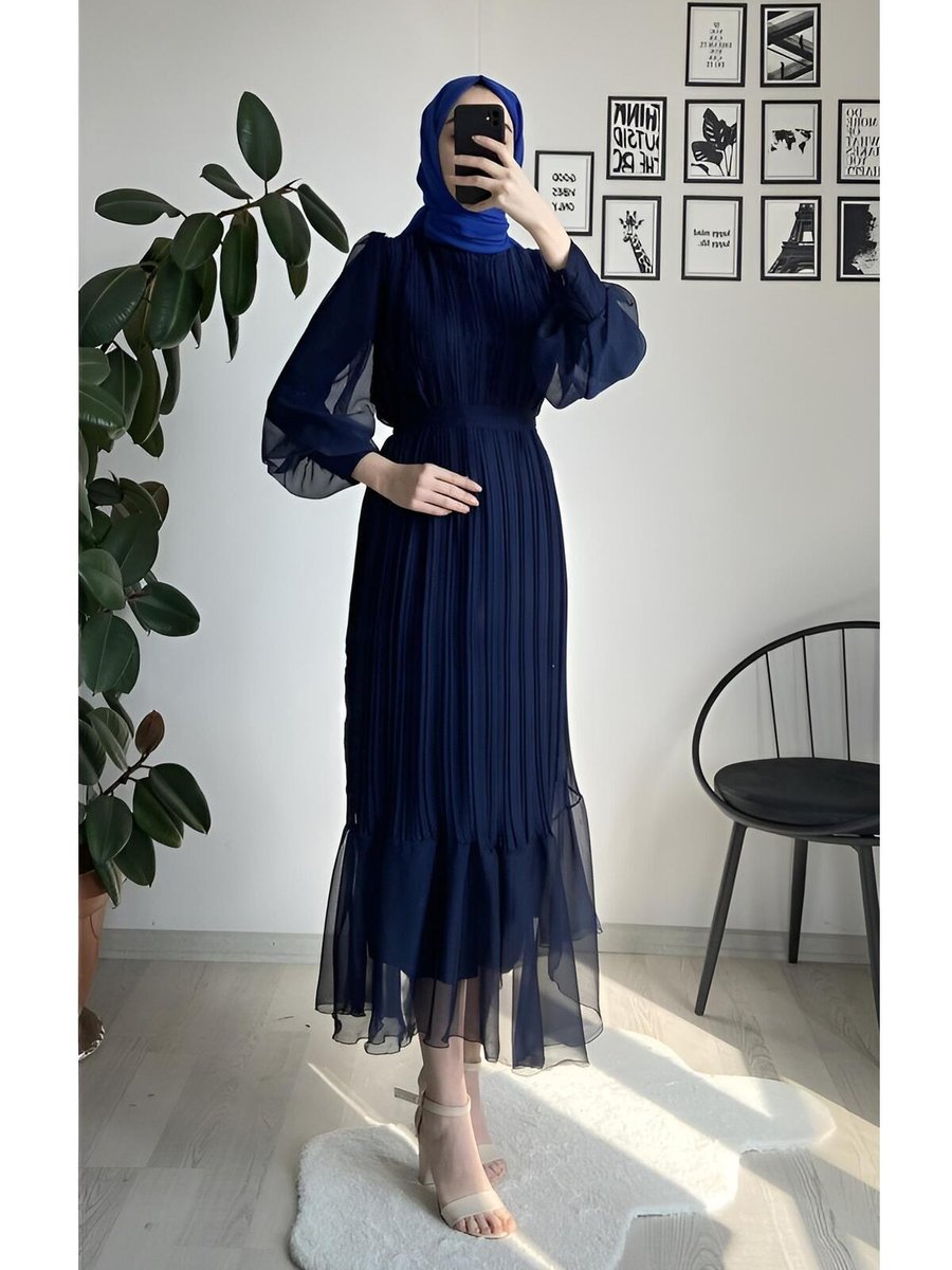 Cym Butik Piliseli Lacivert Elbise
