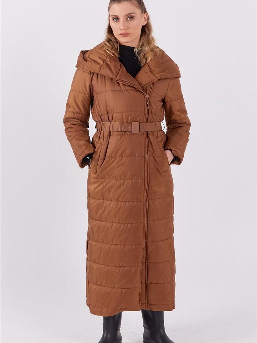 Doque Kapüşonlu Lastik Kemerli Camel Mont
