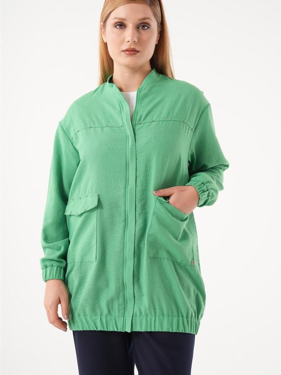 Armine Trend Taş Detaylı Lastikli Benetton Yeşili Ceket