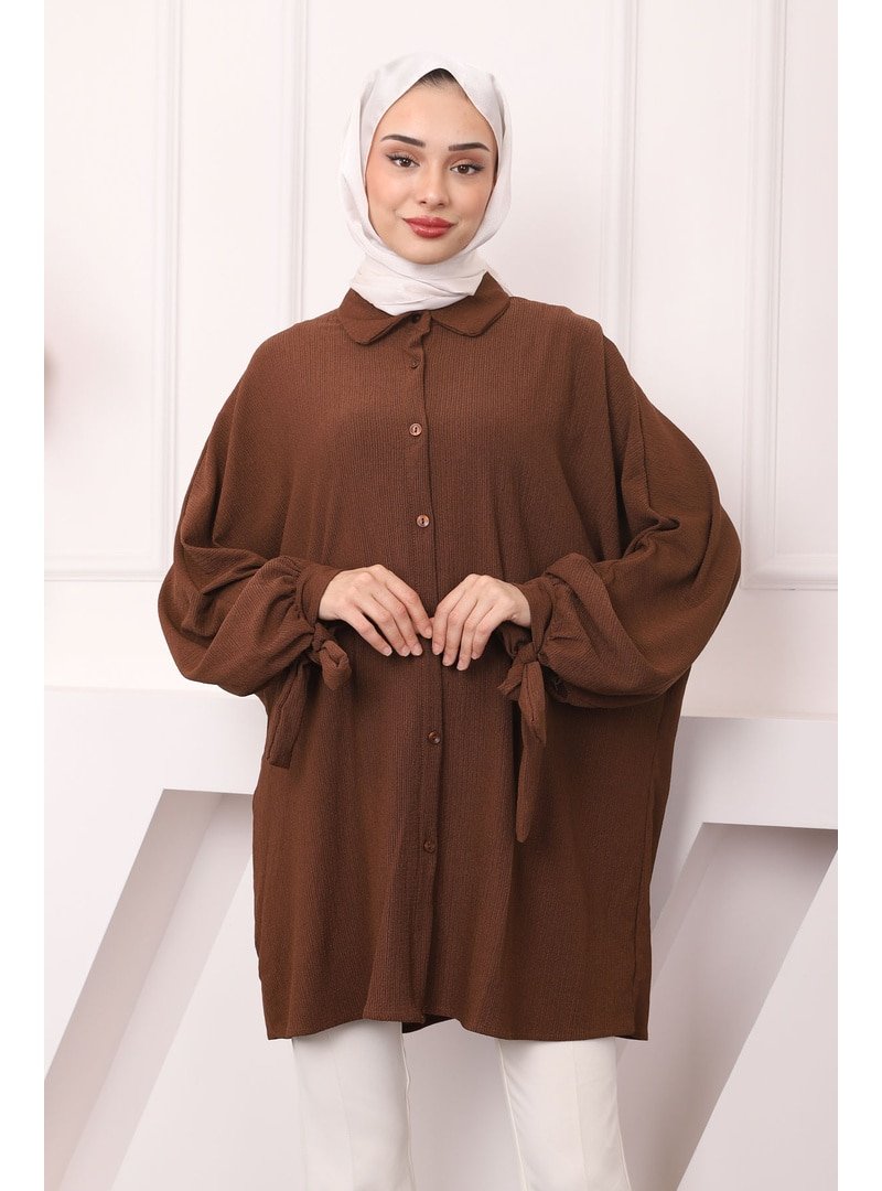 İmaj Butik Kahverengi Kol Bağlamalı Bürümcük Gömlek