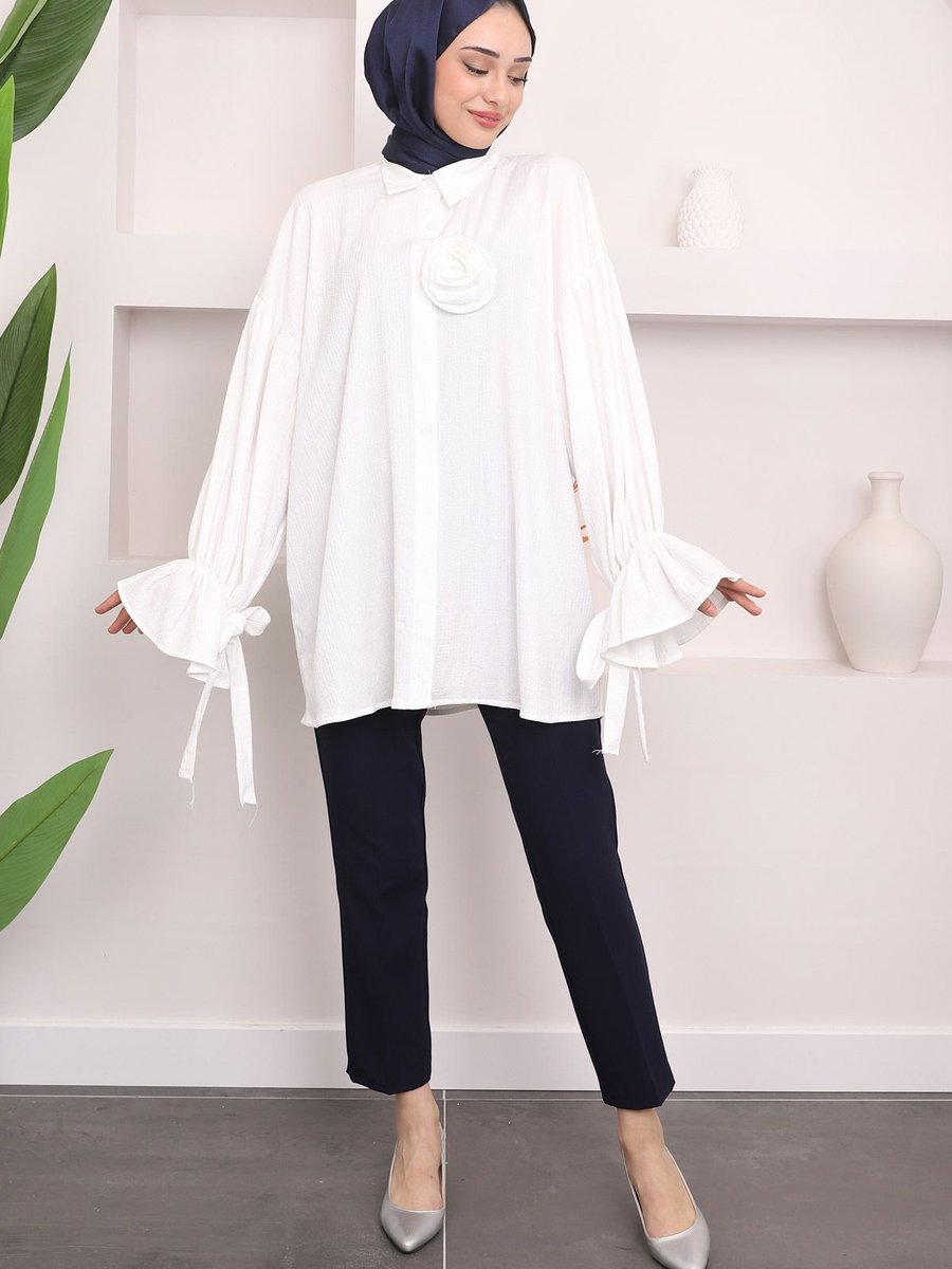 İmajbutik Beyaz Kol Detaylı Bronşlu Gömlek