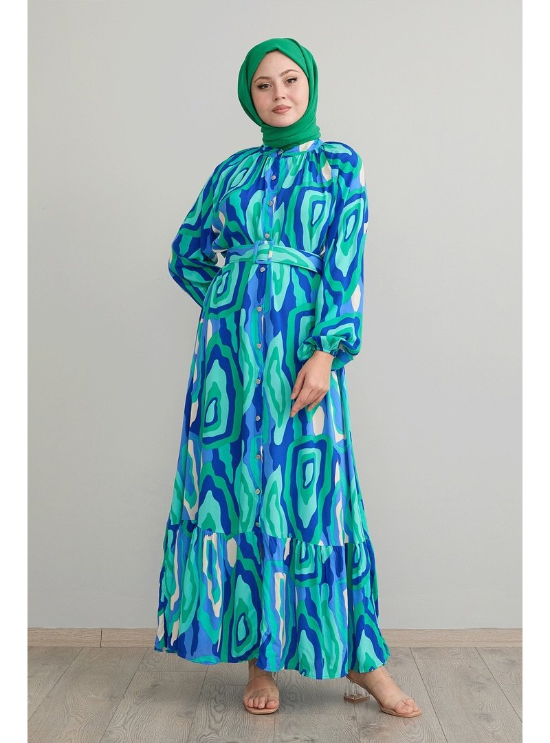 InStyle Oval Şeritli Kemerli Yeşil Viskon Elbise