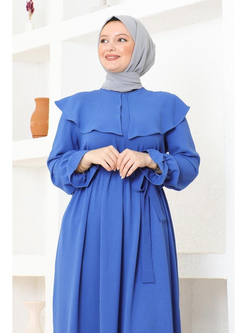 Burcu Fashion İndigo Pelerin Yaka Detaylı Kuşaklı Elbise