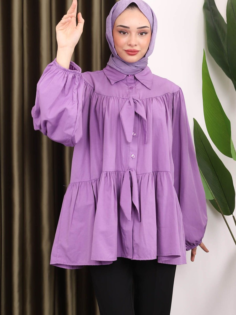 İmajbutik Lila Katlı Kol Lastikli Fiyonklu Gömlek