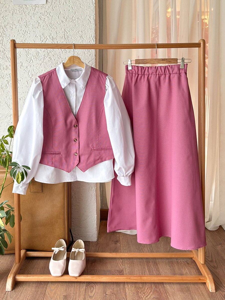 Ceylan Otantik Pembe Keten Yelek Etek & Beyaz Klasik Yaka Crop Gömlek Takım
