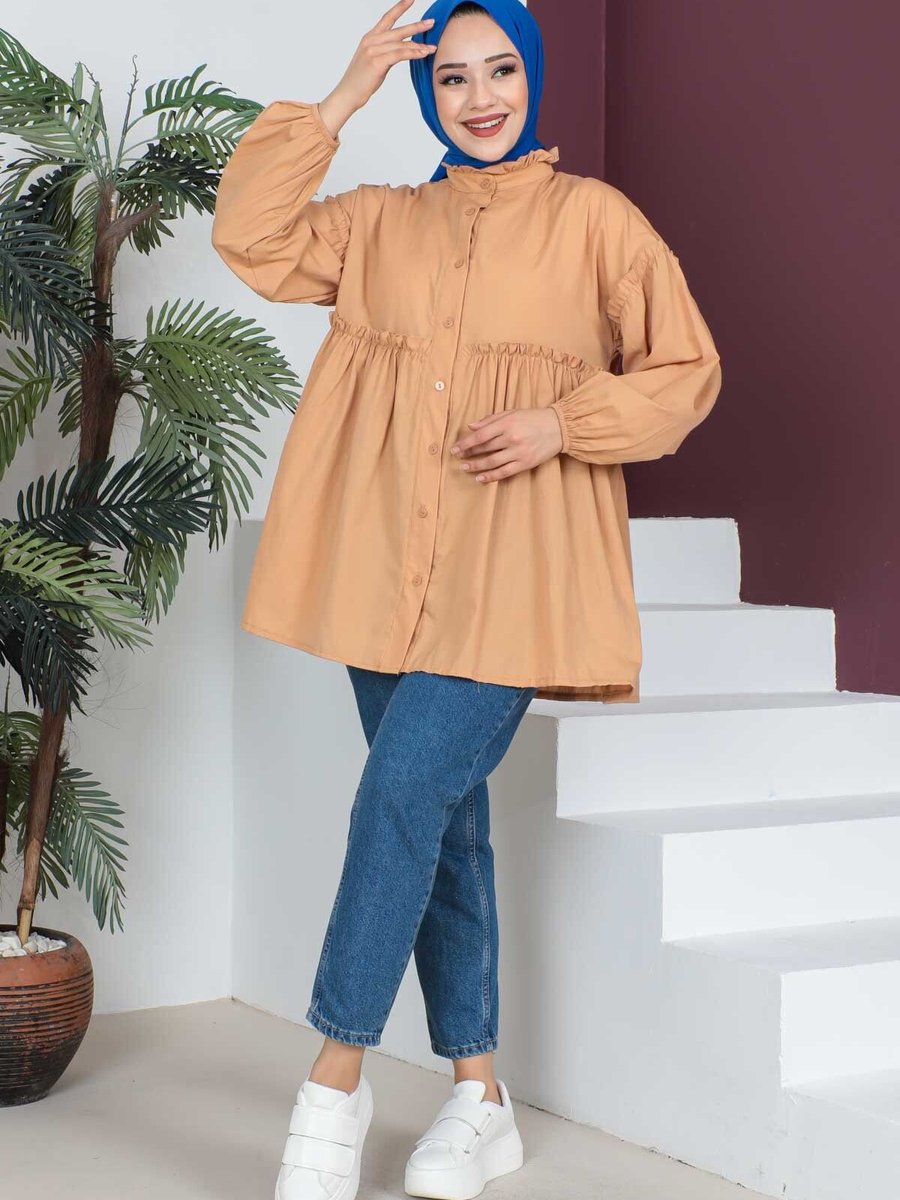 İmajbutik Camel Fırfır Detaylı Terikoton Gömlek