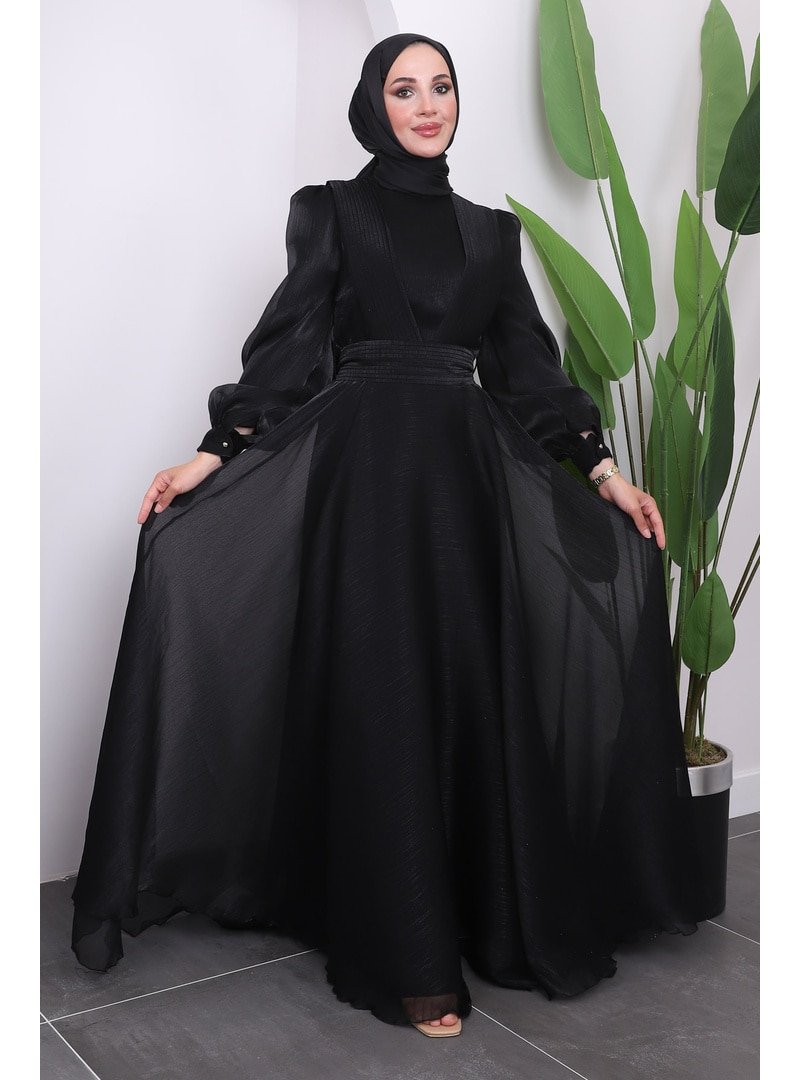 İmaj Butik Siyah Yaka Bel Piliseli Tül Şifon Abiye Elbise