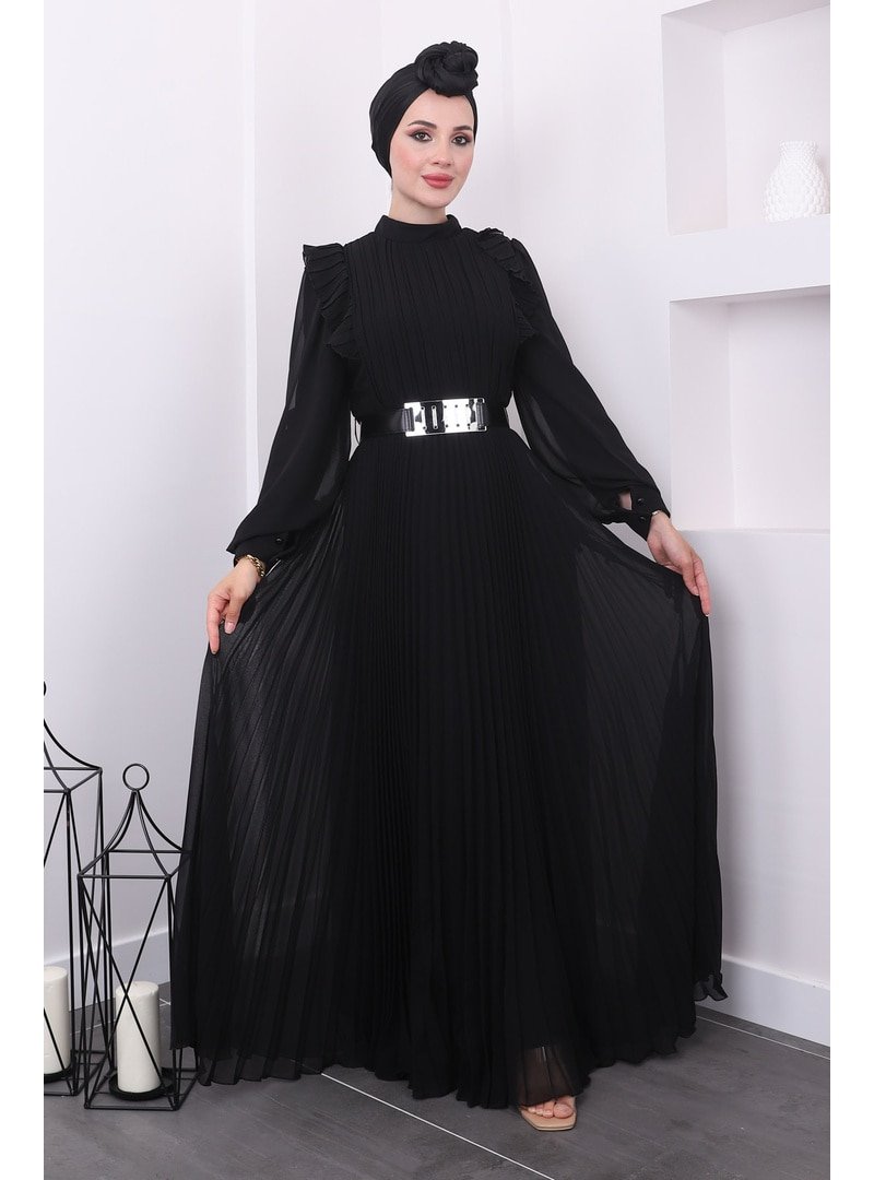 İmaj Butik Siyah Yakası Fırfırlı Piliseli Şifon Abiye Elbise