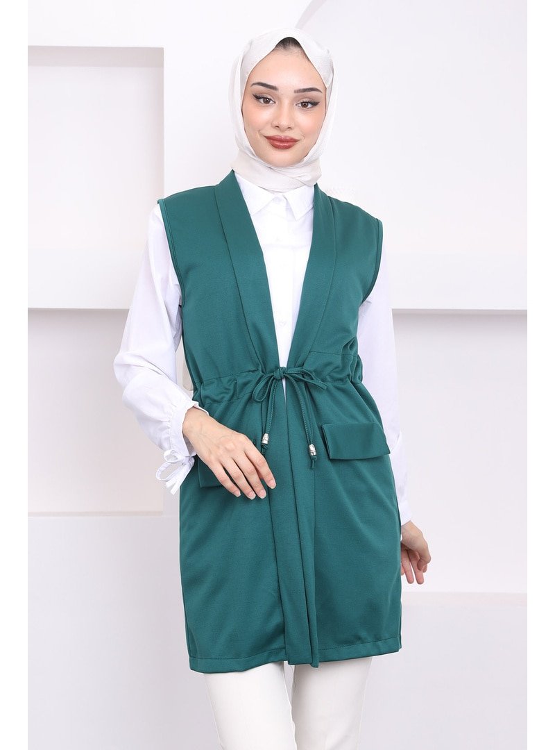 İmaj Butik Zümrüt Yeşili Sahte Cepli Bel Bağlamalı Yelek