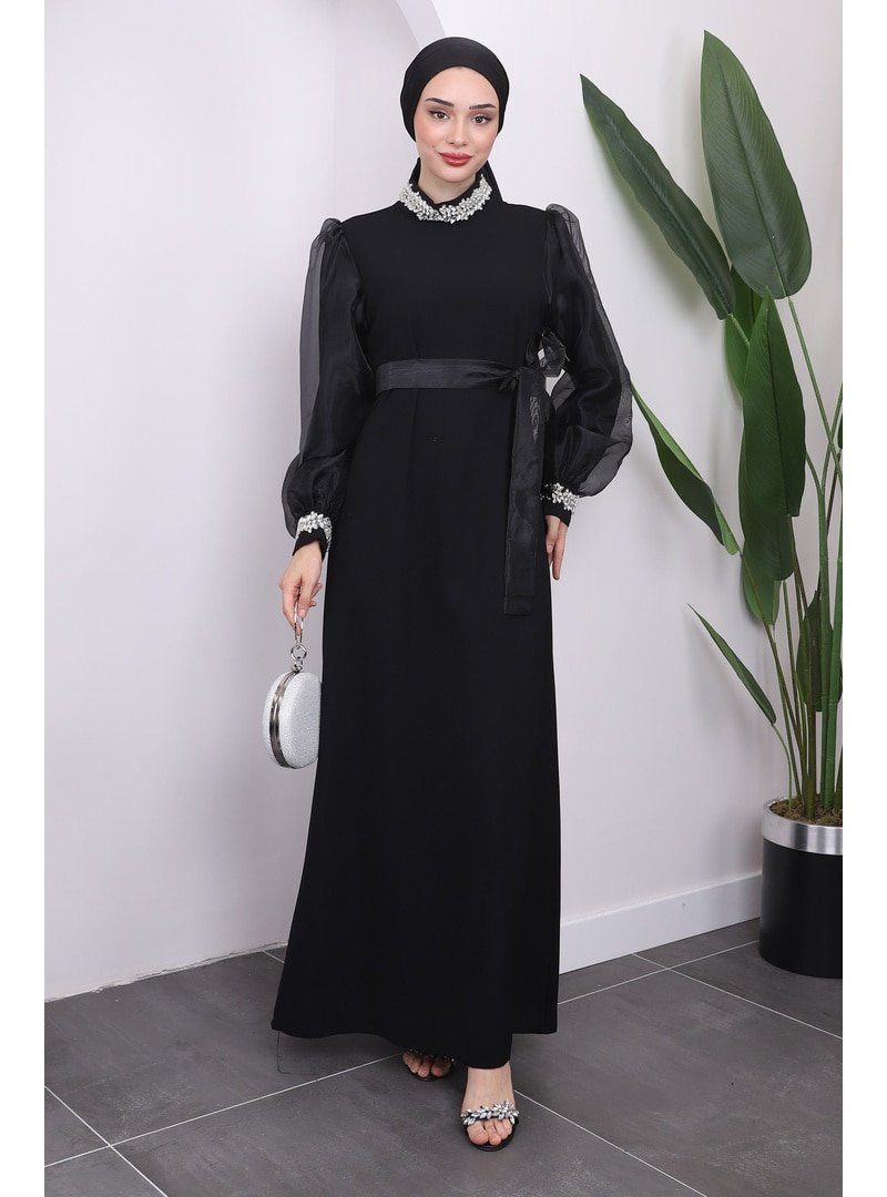 İmaj Butik Siyah Yaka Taşlı Piliseli Abiye Elbise