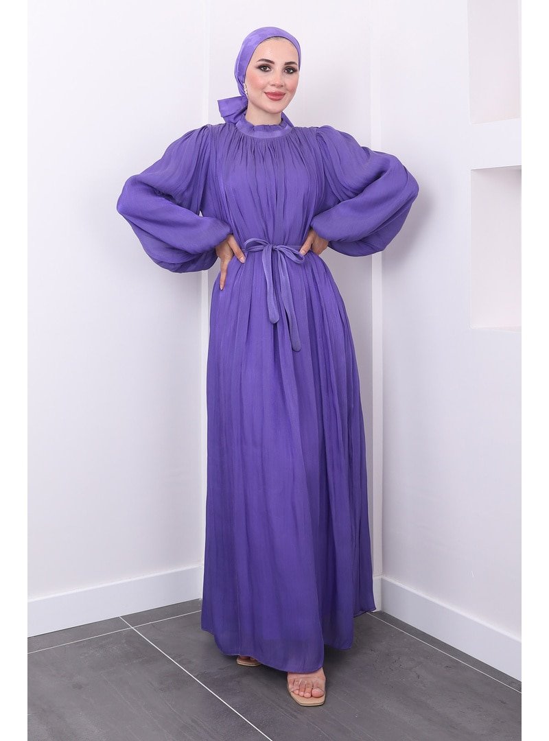İmaj Butik Lila Bel Kuşaklı Şifon Parlak Abiye Elbise