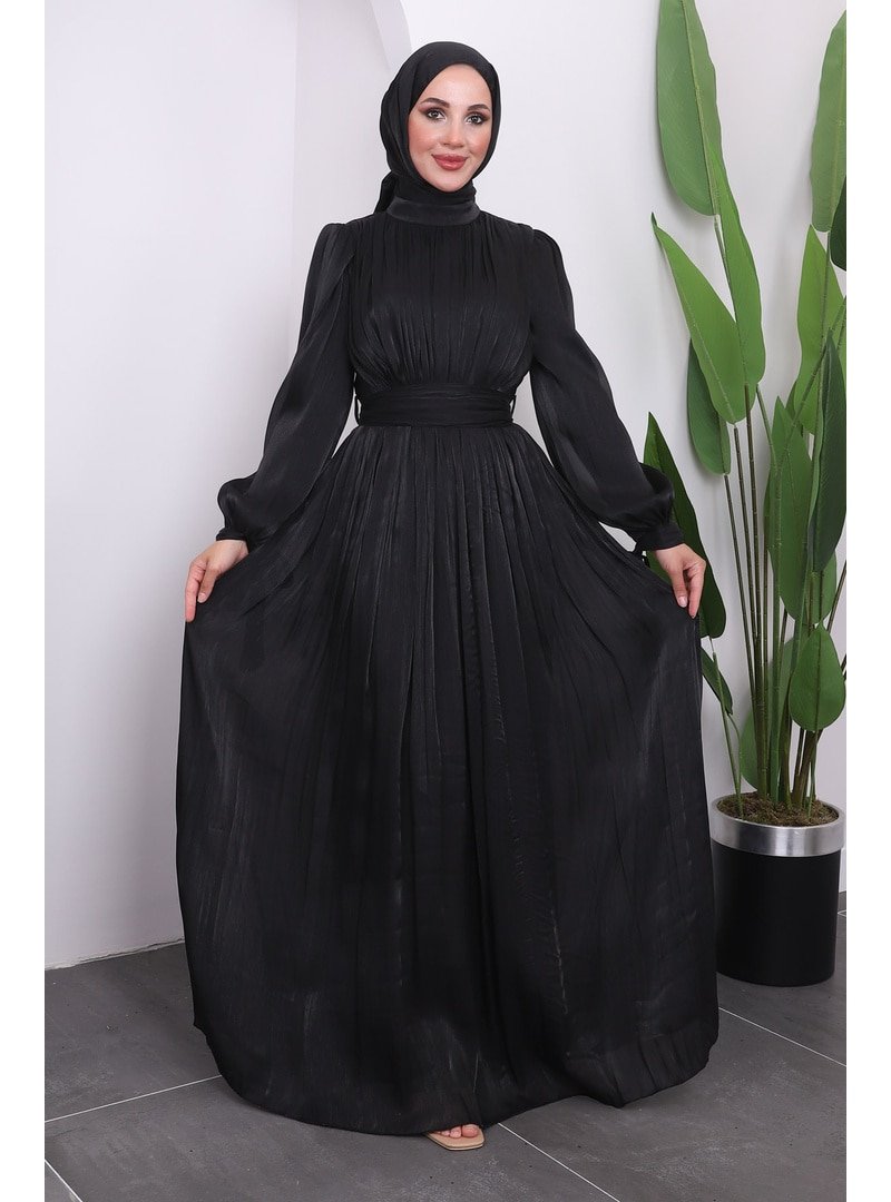 İmaj Butik Siyah Kol Bağlamlı Piliseli Şifon Abiye Elbise
