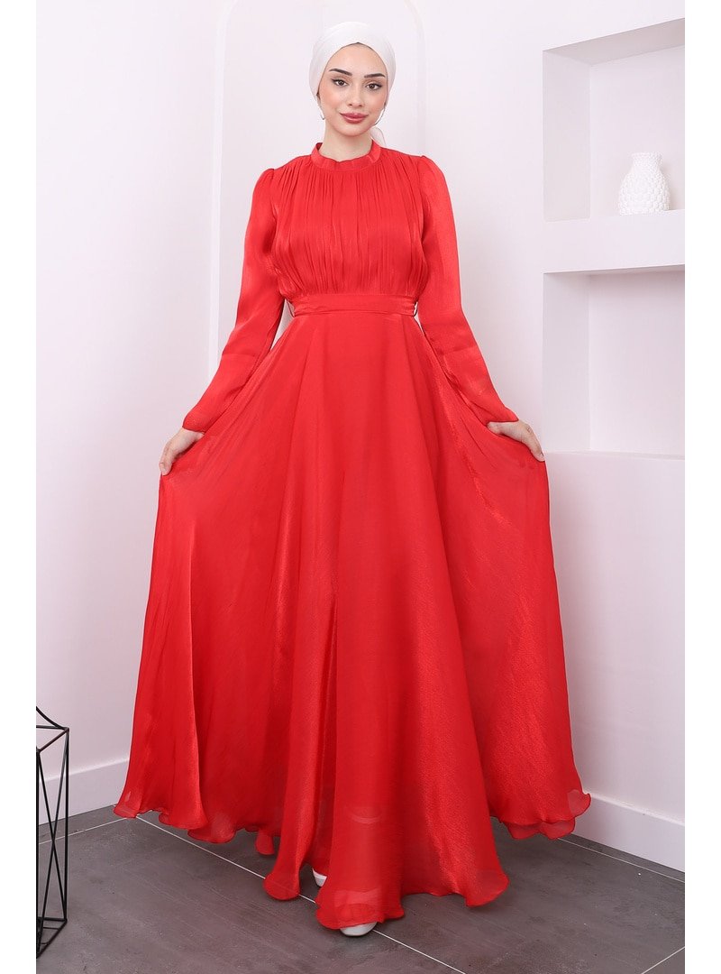 İmaj Butik Kırmızı Kuşaklı Ön Pileli Abiye Elbise