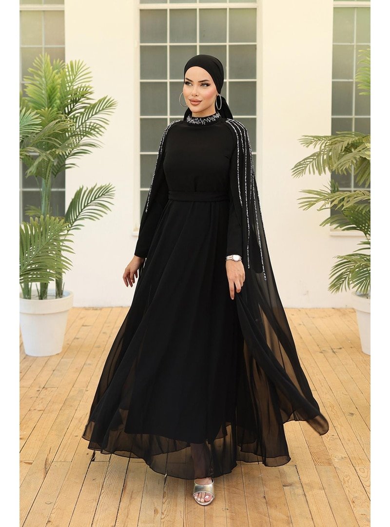 Hakimoda Siyah Laren Şifon Abiye Elbise