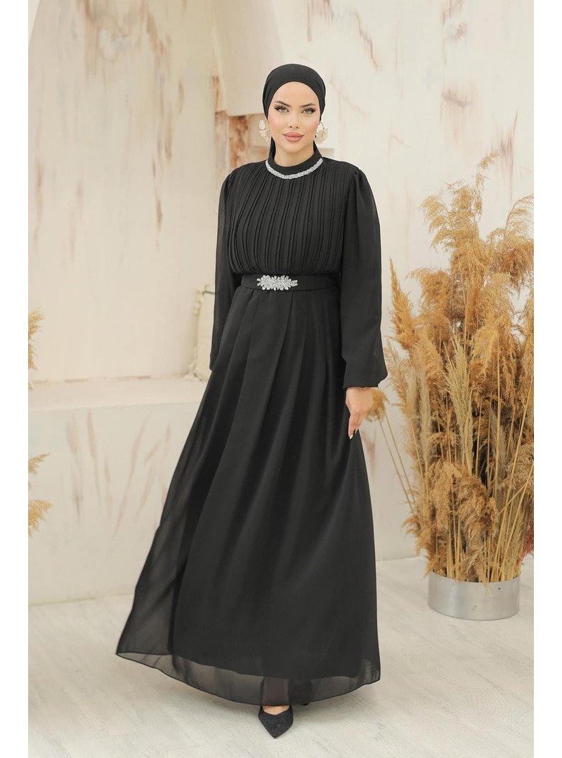 Hakimoda Siyah Ecrin Şifon Abiye Elbise