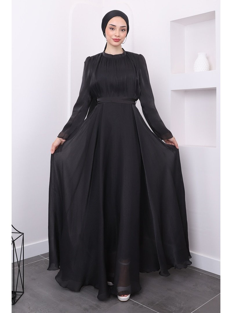 İmaj Butik Siyah Kuşaklı Ön Pileli Abiye Elbise