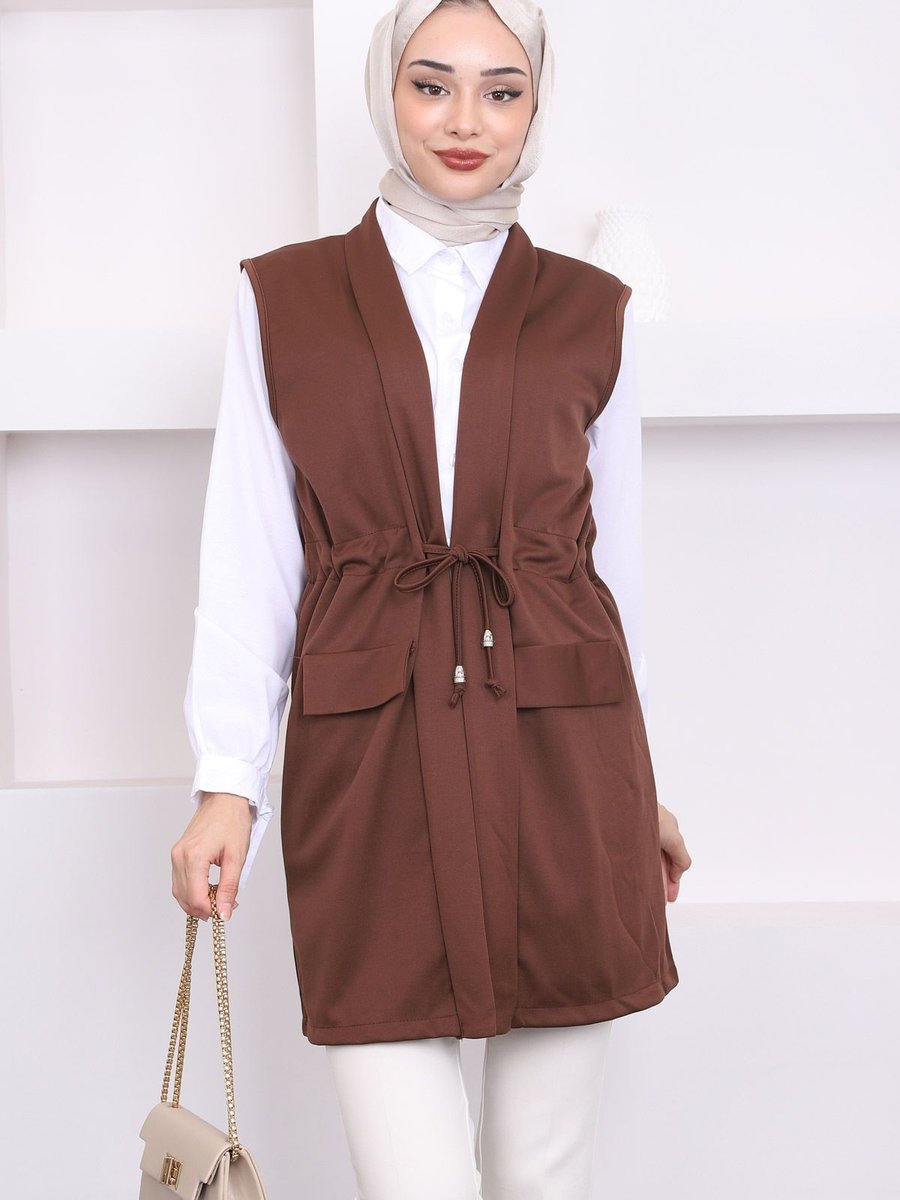 İmajbutik Kahverengi Bel Bağlamalı Yelek