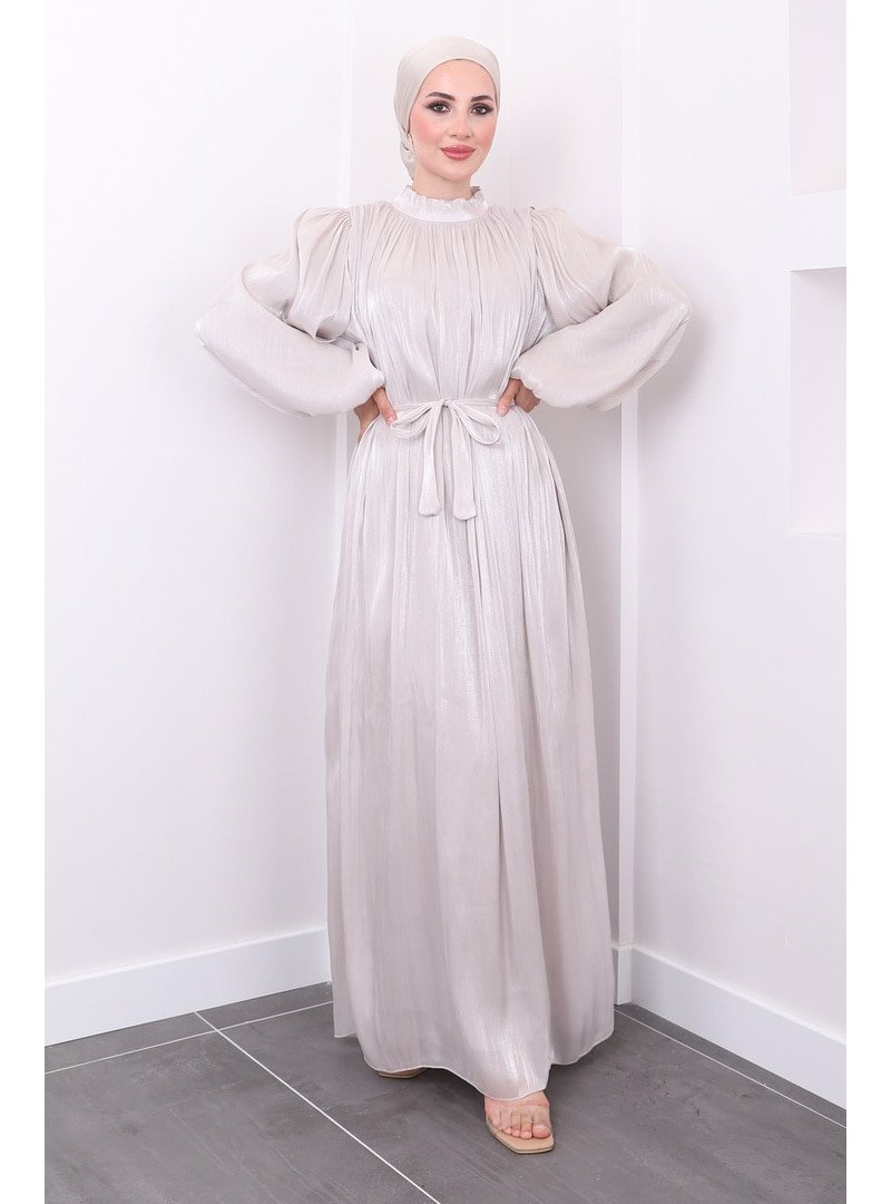 İmaj Butik Gümüş Bel Kuşaklı Şifon Parlak Abiye Elbise