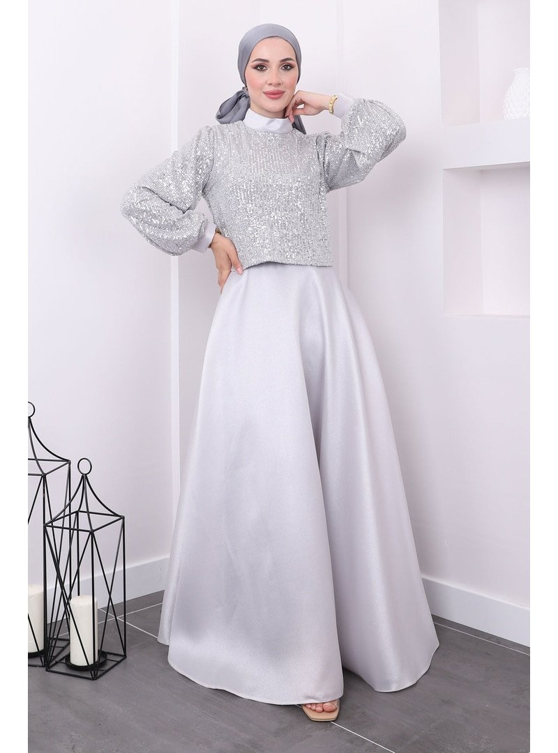 İmaj Butik Gümüş Payet İşlemeli Bluz Etek İkili Abiye Elbise Takım