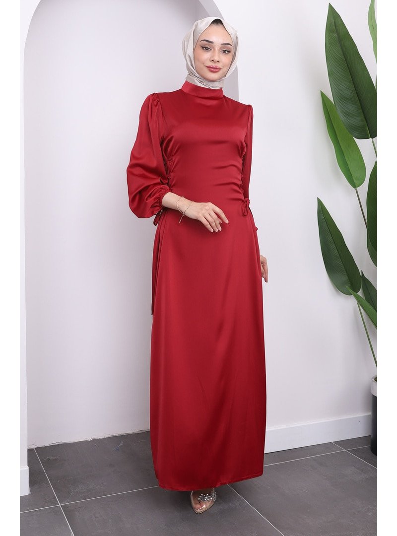 İmaj Butik Kırmızı Yan Detaylı Saten Abiye Elbise