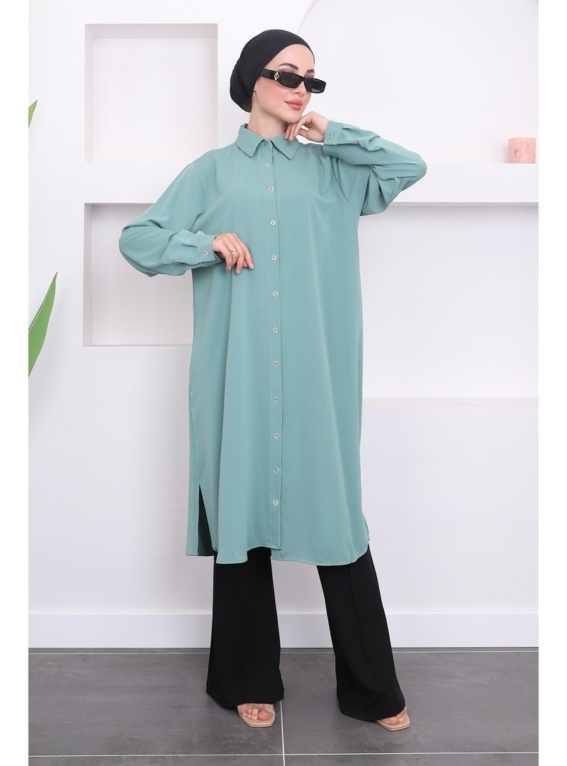 İmaj Butik Mint Büyük Beden Düğme Detaylı Yırtmaçlı Tunik