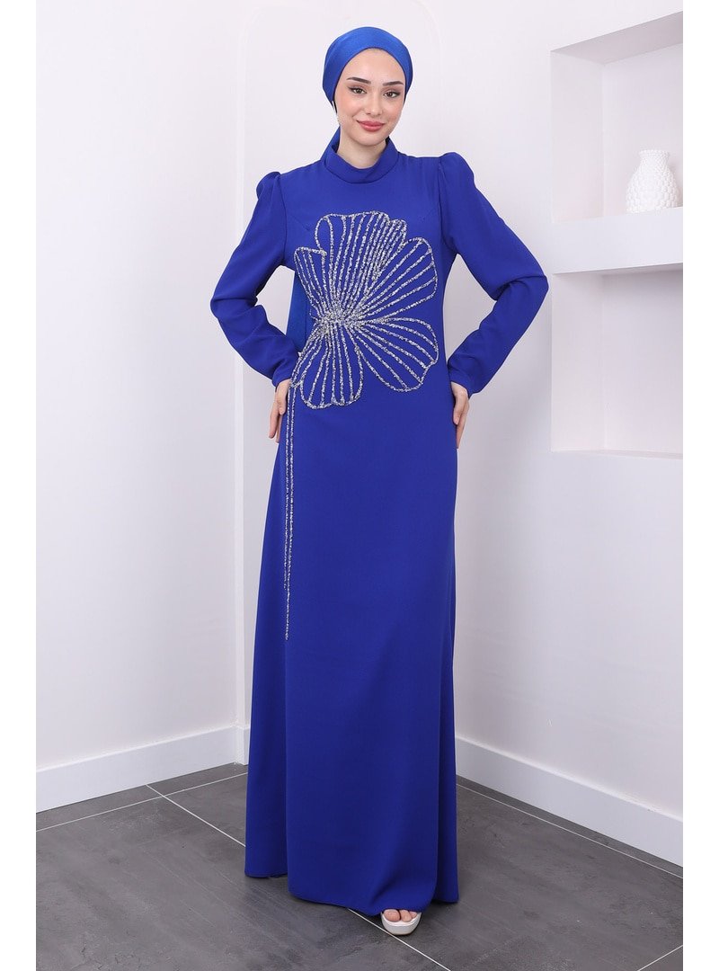 İmaj Butik Saks Mavisi Önü Taş İşlemeli Nursema Abiye Elbise