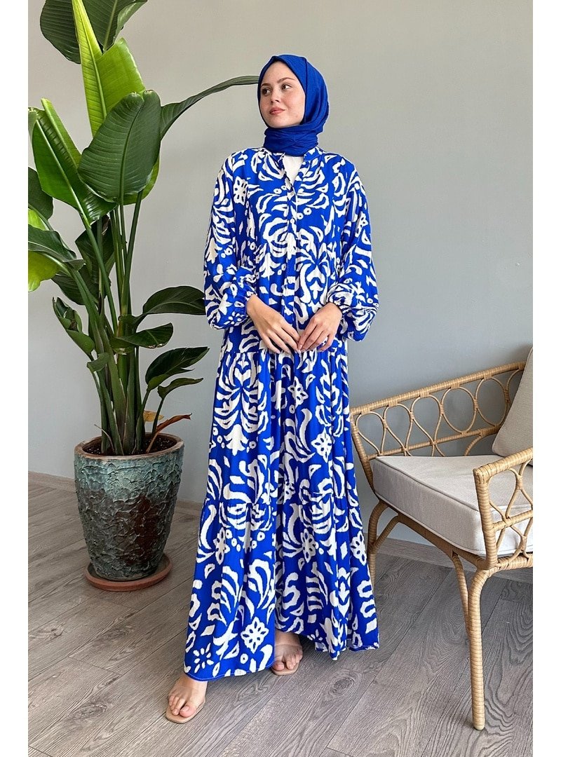InStyle Şekilli Motif Mavi Viskon Elbise